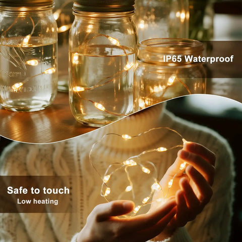 16.5Ft 50 LEDs Colorful Fairy String Lights With 132 Modes in Mason jars, hands holding silver wire, IP65 waterproof