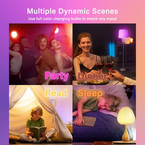 WiFi Color Changing A19 LED Bulbs With Alexa And Google Assistant, No Hub Needed shown in multiple mood scenes with people.