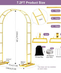 Heavy Duty 7.2Ft Metal Garden Arch Trellis Arbor with Steel Frame and Base shown with size dimensions and components