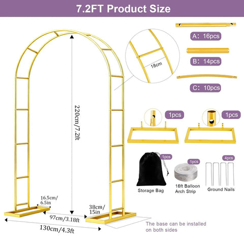 Heavy Duty 7.2Ft Metal Garden Arch Trellis Arbor with Steel Frame and Base shown with size dimensions and components
