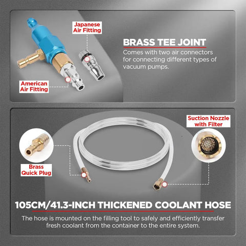Brass connectors and thickened coolant hose in the No Sweat Universal Coolant Vacuum Refill Kit For Cars With Super Long Hose.
