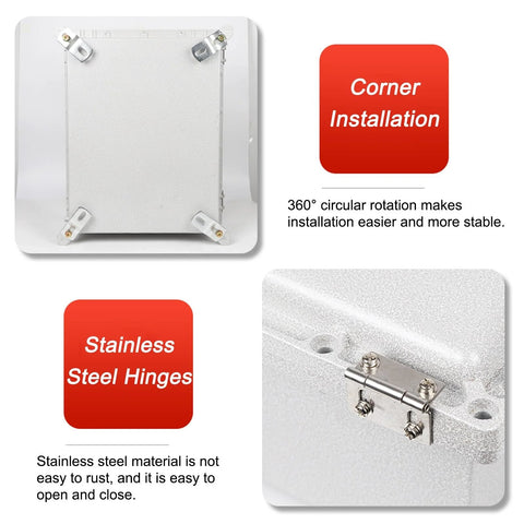 Waterproof junction box, IP66-rated outdoor enclosure with stainless steel hinges.