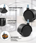 4 Piece 2 Inch Nylon Caster Wheels With M8 Threaded Swivel Stem, plastic furniture caster replacement, showing side view.