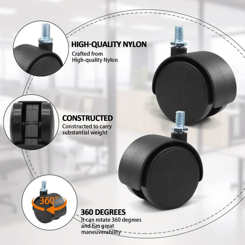 4 Piece 2 Inch Nylon Caster Wheels With M8 Threaded Swivel Stem, plastic furniture caster replacement, showing side view.