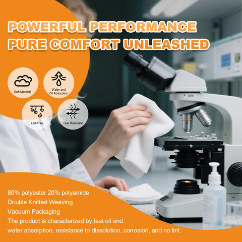 Person using Ultra Absorbent Microfiber Wipes 6x6 Inches, 100 Pcs No Lint Cleaning Cloths For All Surfaces on microscope in lab