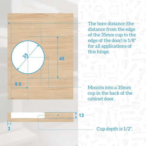 Universal Cabinet Door Hinges 8 Pack Replacement For 110 Degree Compact 33 Screw In Self Closing Hardware With Screws mount dimensions diagram