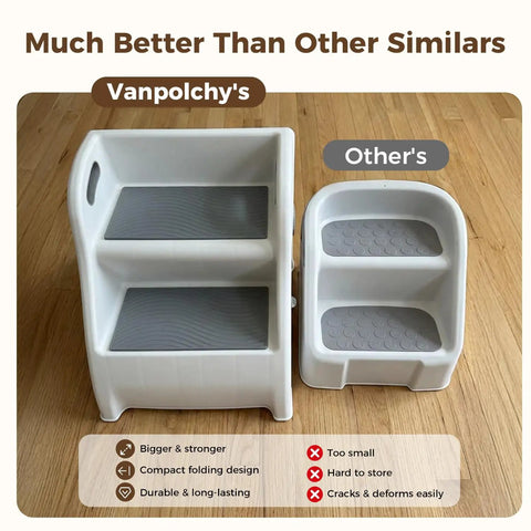 Foldable Toddler Step Stool For Bathroom Sink, Rock Solid Non Slip Footrest With Secure Handles, BPA Free Thick Plastic shown comparing size and design.