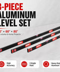 3Pcs level set, 40 60 80 Inch Aluminum Spirit Level, 45 90 180 Degree, showing vials and measurement markings on levels.