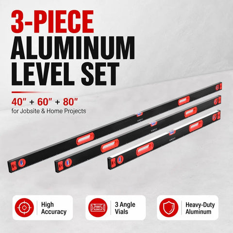 3Pcs level set, 40 60 80 Inch Aluminum Spirit Level, 45 90 180 Degree, showing vials and measurement markings on levels.