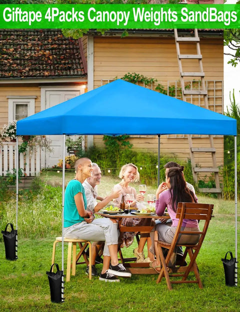 Heavy Duty Canopy Sand Bags For EZ Pop Up Canopy Gazebo Outdoor Instant Sun Shelter 4 Pack anchoring blue canopy with group seated