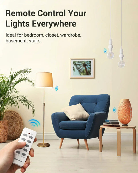 Living room with blue chair, remote control in hand, Wireless Remote Light Socket Kit With Three E26 E27 Sockets No Wiring Needed