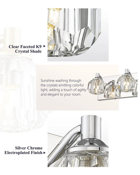 Detail of 4 Light Bathroom Vanity Light With K9 Crystal Lampshades And Silver Chrome Finish, Modern Crystal Vanity Light Fixtures