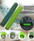 Replacement Parts Kit For Roomba Models Including i3, i3 Plus, i4, i4 Plus, i5, i5 Plus, i6, i6 Plus, i7, i7 Plus, i8, i8 Plus, E5, E6, E7 Plus With 2 Rubber Brush Sets, 8 Side Brushes, And 8 Filters Not Compatible With J7 J7 Plus, close-up of dual rubber rollers installed in robot vacuum