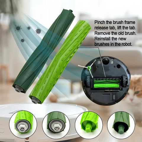 Replacement Parts Kit For Roomba Models Including i3, i3 Plus, i4, i4 Plus, i5, i5 Plus, i6, i6 Plus, i7, i7 Plus, i8, i8 Plus, E5, E6, E7 Plus With 2 Rubber Brush Sets, 8 Side Brushes, And 8 Filters Not Compatible With J7 J7 Plus, close-up of dual rubber rollers installed in robot vacuum