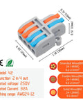 10 Pack Lever Wire Connectors, 2 In 4 Out Quick Wiring Cable Connectors For 24 12 AWG, dimensions and compatibility chart
