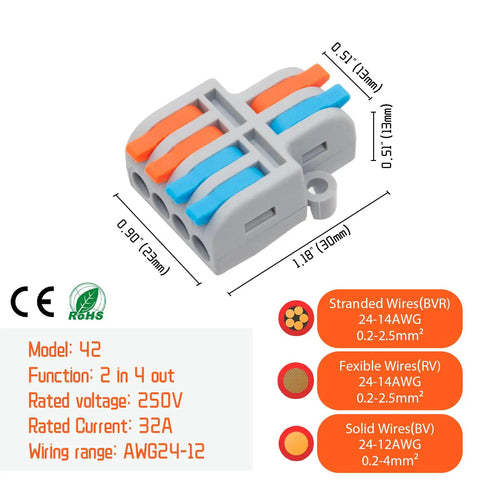 10 Pack Lever Wire Connectors, 2 In 4 Out Quick Wiring Cable Connectors For 24 12 AWG, dimensions and compatibility chart