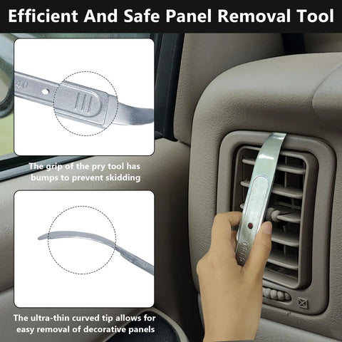 Hand using 4140 Pry Tool For Auto Interiors And Panels, Trim Removal And Panel Popper Tool on car vent panel.