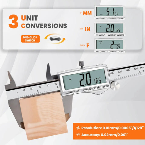 Rechargeable Digital Caliper With Large LCD Screen, Stainless Steel Measuring Tool For DIY And Household Projects, Auto Off, Inch And mm Fraction Modes, Type C Quick Charge, Long Battery Life For 3D Printing And More displaying measurements in mm, inch, and fraction modes with wood block and resolution details shown