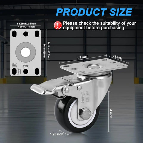Rock Solid 3 Inch SUS304 Stainless Steel Caster Wheels With Precision Locking Brake Rust Proof Polyurethane Tread Heavy Duty Castor Set For Furniture Industrial Lab Hospital Restaurant No Sweat Rolling Easy Bolt On product size dimensions image
