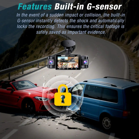 Image showing a collision detection feature of Four Channel 2.5K Dash Cam With Front Rear Left Right Coverage with built-in G-sensor.