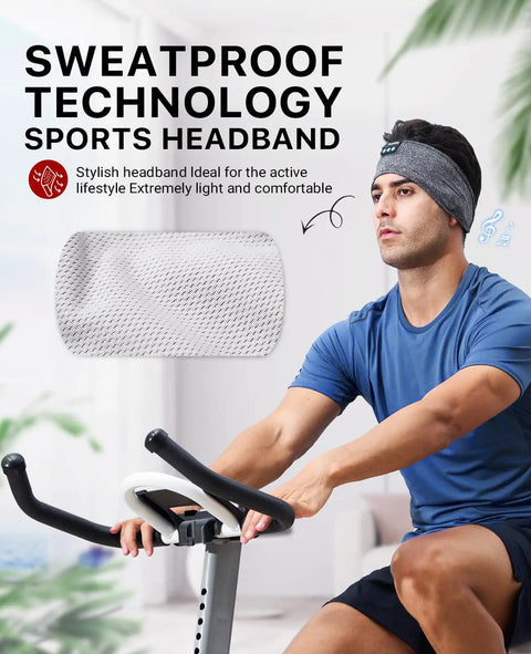 Man wearing Comfy Sleep Headphones Wireless Headband With Bluetooth 5 Point 4 And Ultra Thin HD Stereo Speakers exercising indoors