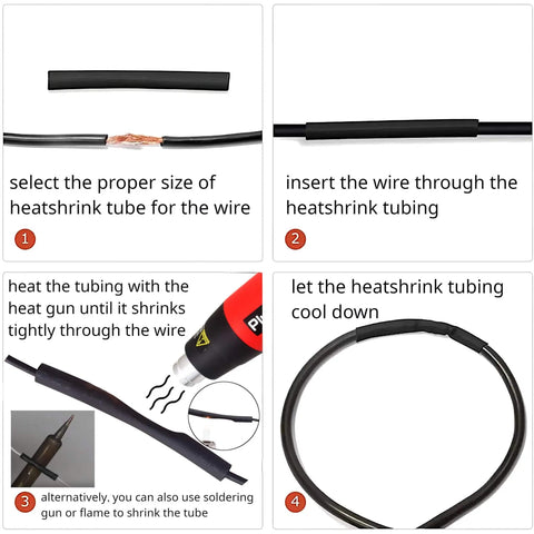 Four-step process using Heat Shrink Tubing Kit With 800 Pieces Two To One Ratio For Electrical Insulation and Wire Sleeve Wraps.