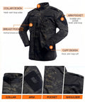 Kickass Mens Tactical Jacket And Pants Set Windproof Military Hunting ACU Uniform Suit features hook-and-loop collar and cuffs.