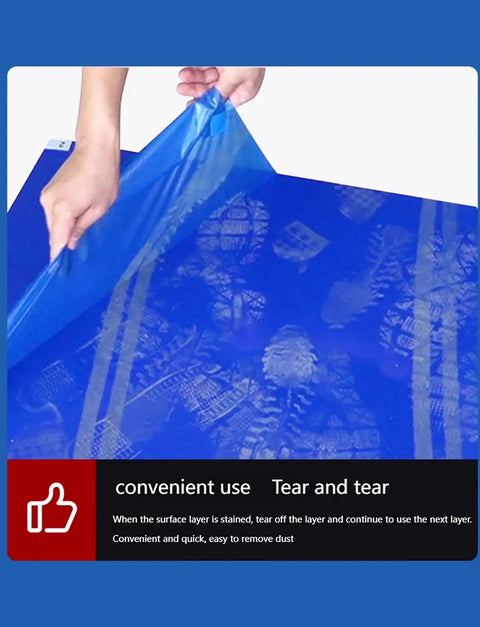 Heavy Duty Sticky Floor Mats With Sweet Strong Grip Remove Shoe Dirt And Workshop Grime Keep Your Cleanroom Spotless And Grit Free No Sweat Install For Warehouses Labs 300 Sheets, showing layered sheets being peeled.