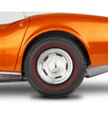 Close-up of redline tire on Classic 68 Corvette L88 Convertible Model Kit 1:25 Scale, 124-Part Build, Skill Level 4, white plastic.