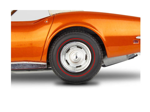 Close-up of redline tire on Classic 68 Corvette L88 Convertible Model Kit 1:25 Scale, 124-Part Build, Skill Level 4, white plastic.