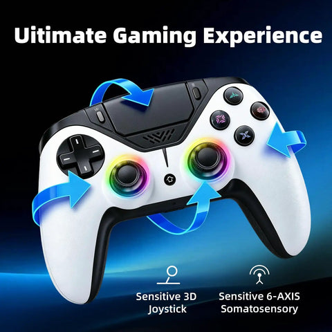 Wireless Game Controller For PS5 PC iOS Mac Android And Steam Deck With Dual Vibration 6 Axis Motion RGB lighting front view.