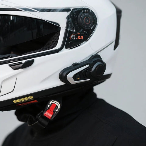 Side view of a white helmet with Universal Motorcycle Helmet Quick Release Buckle Kit for chin strap replacement installed