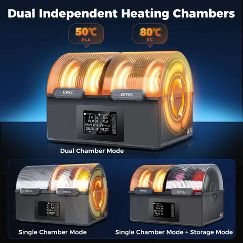 Dual Independent Heating Chambers Filament Dryer Box With Auto Dehumidification And Sealed Storage SH03 in dual and single chamber modes