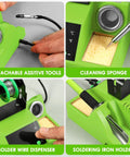 Close-up showing 100W Digital Soldering Station Kit with 2 Helping Hands, Fast Heat, Big LED Display, Temperature Range 180 Celsius To 480 Celsius, Celsius Fahrenheit Conversion, Auto Sleep, Includes Solder Wire And Tools, Green, featuring detachable tools.