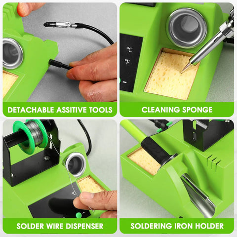 Close-up showing 100W Digital Soldering Station Kit with 2 Helping Hands, Fast Heat, Big LED Display, Temperature Range 180 Celsius To 480 Celsius, Celsius Fahrenheit Conversion, Auto Sleep, Includes Solder Wire And Tools, Green, featuring detachable tools.