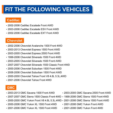 Fitment list for Front Wheel Bearing Hub Assembly For 4WD AWD With ABS Compatible With Cadillac, Chevrolet, GMC vehicles.