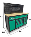 Heavy-Duty 11-Drawer Tool Cabinet With Solid Wood Workbench Top And Pegboard Backwall, Go-To Rolling Metal Storage Chest For Home Garage Or Workshop, Green And Black, Boss-Level Organization For Tools, Hardware, And Equipment