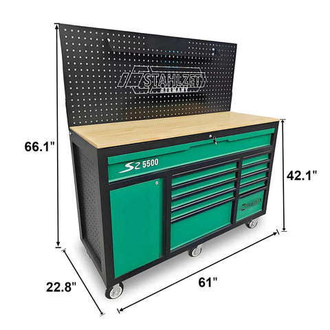 Heavy-Duty 11-Drawer Tool Cabinet With Solid Wood Workbench Top And Pegboard Backwall, Go-To Rolling Metal Storage Chest For Home Garage Or Workshop, Green And Black, Boss-Level Organization For Tools, Hardware, And Equipment