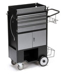 Heavy Duty Utility Cart Featuring Rock Solid Build And Smooth Rollin Wheels Plus No Drama Storage Rack For Light Bulbs in black and gray.