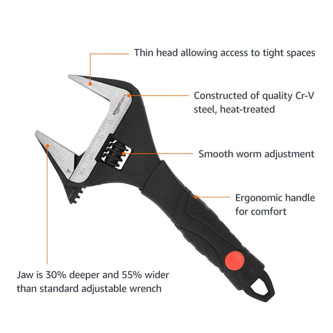 6 Inch Drop Forged Adjustable Wrench with soft grip, wide jaw, metric/SAE scales, rust resistant, Cr-V steel, labeled features