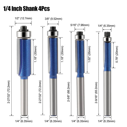 No Fuss Professional Grade 1/4 Inch Shank Top Bearing Flush Trim Router Bit For Efficient Wood Synthetic And Laminated Board Trimming Rock Solid Finish showing sizes and measurements.
