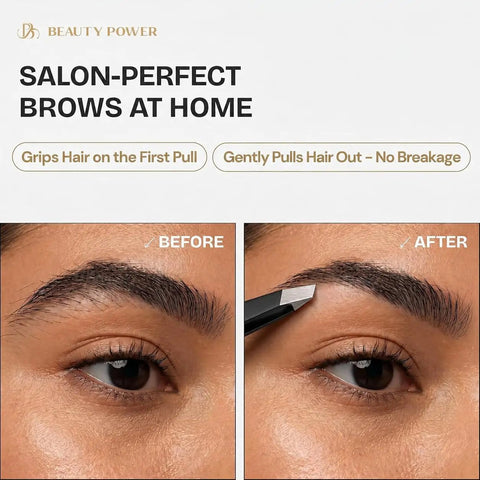 Before and after eyebrow shaping with Professional Precision Slant Tweezers For Women And Men Eyebrow Shaping Tool With 25 Degree Slant Tips For A Flawless Brow Game And Definition Easy Hair Gripping Ingrown Hair Blackhead Splinter Removal Durable Stainless Steel Gift Idea Black, using durable stainless steel tweezers