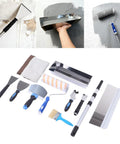 Kickass Drywall Finishing Kit With No Sweat Paint Roller, Stainless Steel Scraper And J Trowel, Flexible Putty Brush, Heavy Duty Mud Pan Plus Telescoping Extension Pole For Smooth Interior Walls with tools laid out.