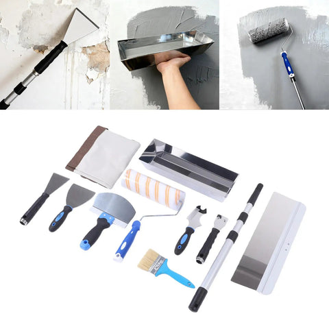 Kickass Drywall Finishing Kit With No Sweat Paint Roller, Stainless Steel Scraper And J Trowel, Flexible Putty Brush, Heavy Duty Mud Pan Plus Telescoping Extension Pole For Smooth Interior Walls with tools laid out.