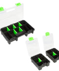 All In One Tool And Parts Organizer Set With An 11 Inch Nine Compartment Tray And Two Five Point Five Inch Six Compartment Trays, open compartments, clear tops