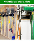 Heavy Duty Garage Tool Organizer With 48 Inch Rails And Six Double Layer Hooks, Wall Mount Storage Rack holding yard tools