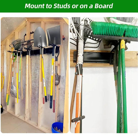 Heavy Duty Garage Tool Organizer With 48 Inch Rails And Six Double Layer Hooks, Wall Mount Storage Rack holding yard tools