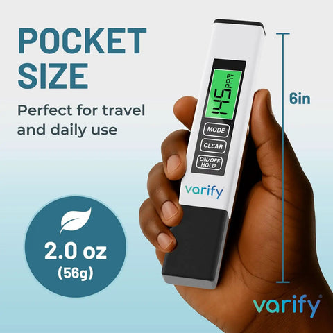 Hand holding 4-In-1 TDS Meter Digital Water Tester For Drinking Water, Precise TDS, EC and Temperature Readings Up To 9990 PPM, compact size