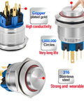 25mm UL Listed Momentary Push Button Switch With High Round Head 2NO2NC DPDT SPDT Stainless Steel Shell 12V LED Angel Eye Ring