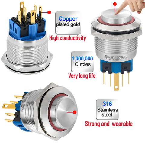 25mm UL Listed Momentary Push Button Switch With High Round Head 2NO2NC DPDT SPDT Stainless Steel Shell 12V LED Angel Eye Ring